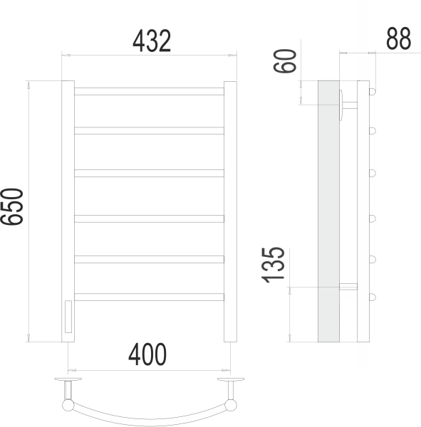 Полотенцесушитель с/т TERMINUS Электро Классик П6 400х650 (quick touch) слева NEW - фото и схемы подключения