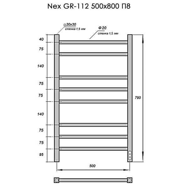 Полотенцесушитель Электрич. с/т GROIS Nex GR-112 500/800 П8 RAL9005 U черный матовый  - фото и схемы подключения