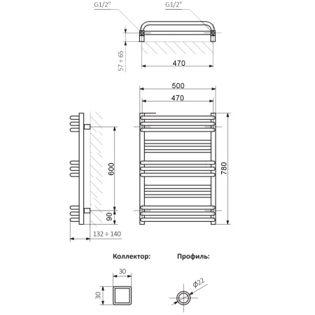 Полотенцесушитель Terma POLA 780/500 RAL9005 черный матовый - фото и схемы подключения