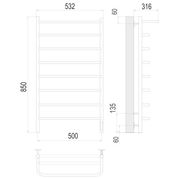 Полотенцесушитель с/т TERMINUS Электро Полка П8 500х850 (quick touch) NEW - фото и схемы подключения