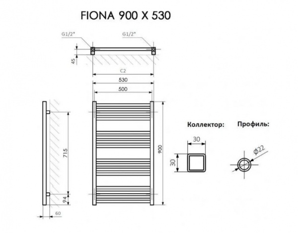 Полотенцесушитель Terma FIONA 900/530 RAL 9005 черный матовый + TERMI-R