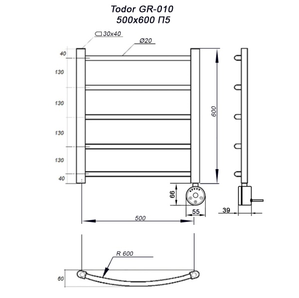 Полотенцесушитель GROIS Todor GR-010 500х600 П5 RAL9005 ПТЭН черный матовый