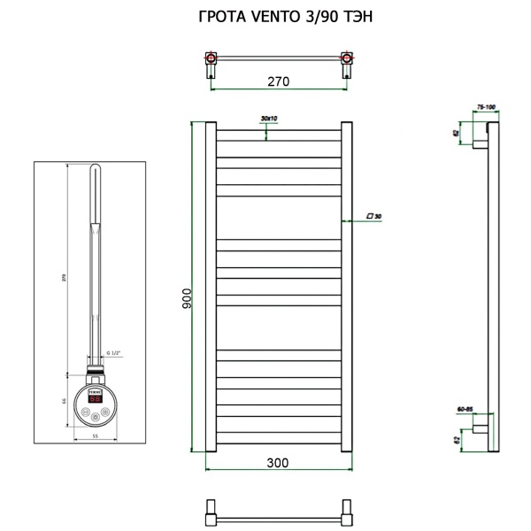 Полотенцесушитель ГРОТА VENTO 30/90 ТЭН хром
