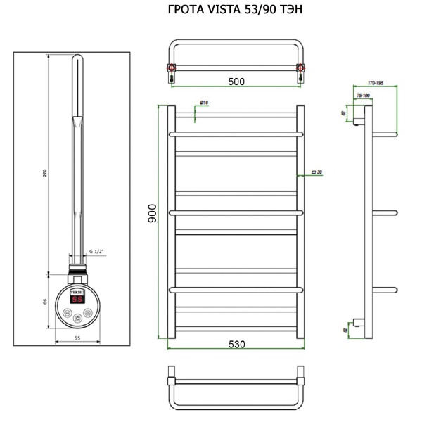 Полотенцесушитель ГРОТА VISTA 53/90 ТЭН хром