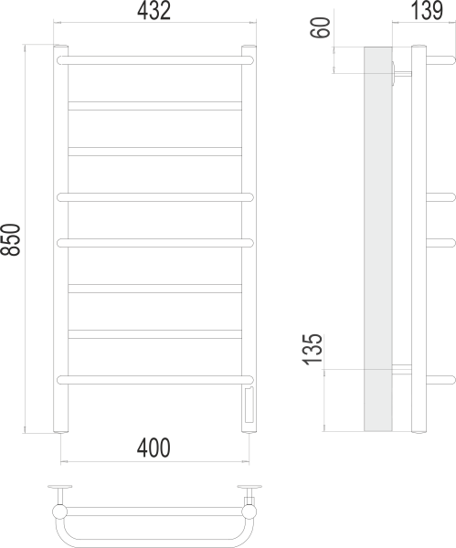Полотенцесушитель с/т TERMINUS Электро Евромикс П8 400х850 (quick touch) NEW* - фото и схемы подключения