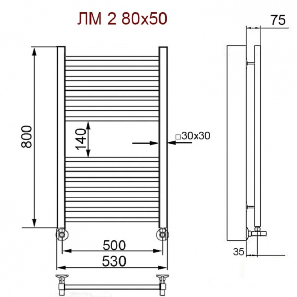 Фото Полотенцесушитель Ника ЛМ-2 80/50 RAL9005 черный матовый с вентилями (комплект люкс)*