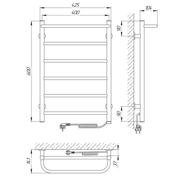 Полотенцесушитель с/т Laris Прайм ЧКЧ П6 400/600 правый тэн черный матовый 73207593 RU - фото и схемы подключения