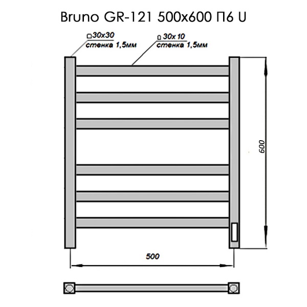 Полотенцесушитель Электрич. с/т GROIS Bruno GR-121 500/600 П6 RAL9005 U черный матовый - фото и схемы подключения