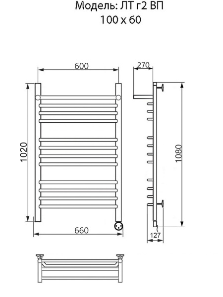 Полотенцесушитель Электрич. Ника ЛТ (Г2) ВП 100/60 правый тэн - фото и схемы подключения