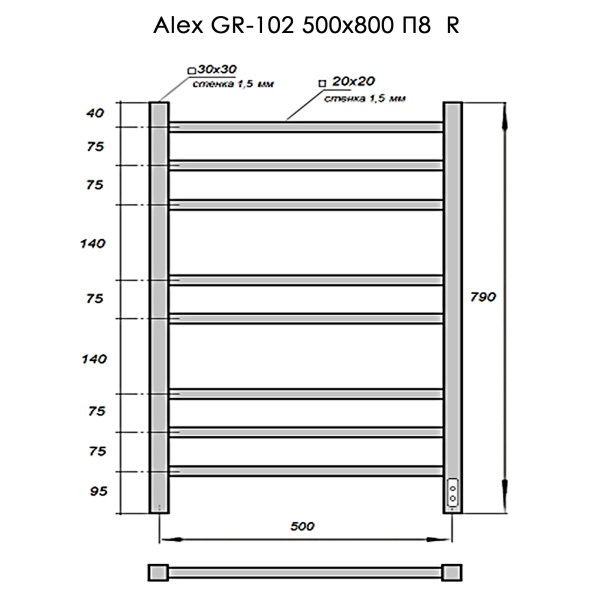 Полотенцесушитель Электрич. с/т GROIS Alex GR-102 500/800 П8 RAL9016 U белый матовый - фото и схемы подключения