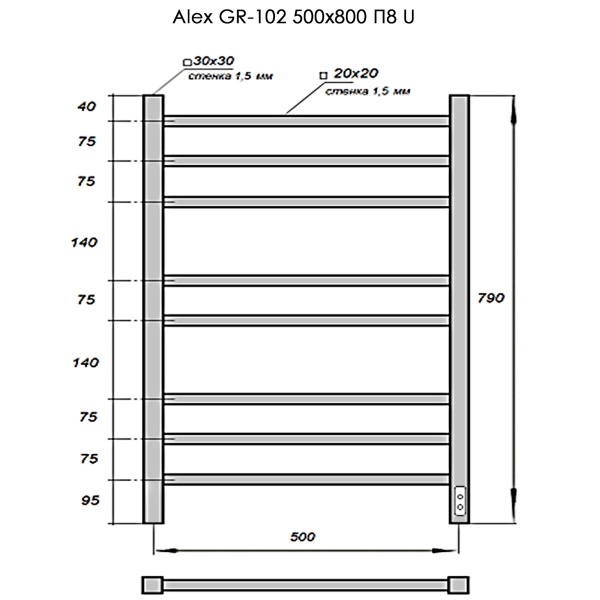 Полотенцесушитель Электрич. с/т GROIS Alex GR-102 500/800 П8 RAL9005 U черный матовый - фото и схемы подключения
