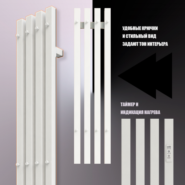 Полотенцесушитель Электрич. с/т GROIS Quartet GR-125 180х1500 П3 RAL 9016 R белый матовый - фото и схемы подключения