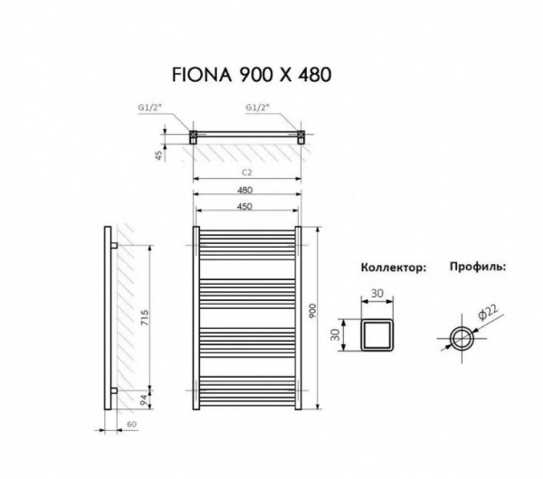 Полотенцесушитель Terma FIONA 900/480 RAL 9016 белый матовый + TERMI-L
