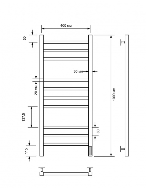 Полотенцесушитель электрический с/т Comfysan Пиоли-К (Pioli-K) EC-10 100/40, черный - фото и схемы подключения