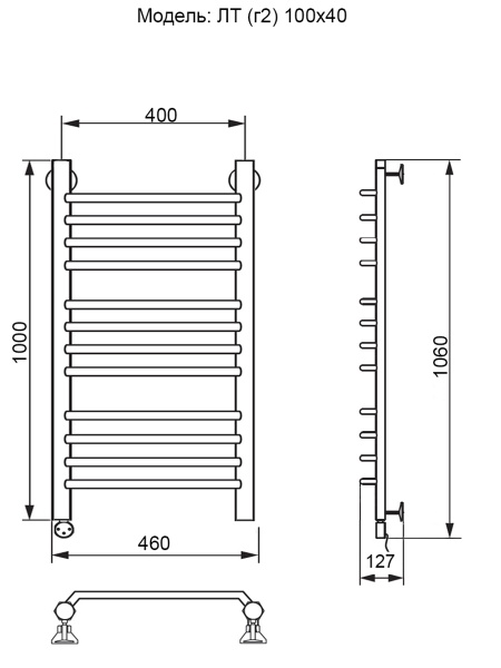Полотенцесушитель Электрич. Ника ЛТ (Г2) 100/40 левый тэн (-) - фото и схемы подключения