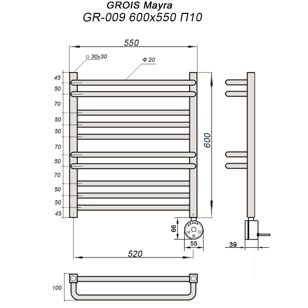 Полотенцесушитель GROIS Mayra GR-009 500х600 П10 (2+3+2+3) RAL9005 ПТЭН черный матовый