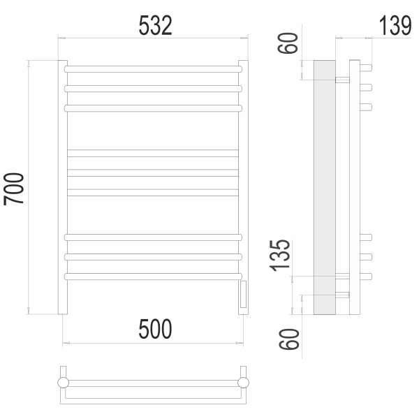 Полотенцесушитель с/т TERMINUS Электро Прато П9 500х700 (sensor quick touch) NEW - фото и схемы подключения