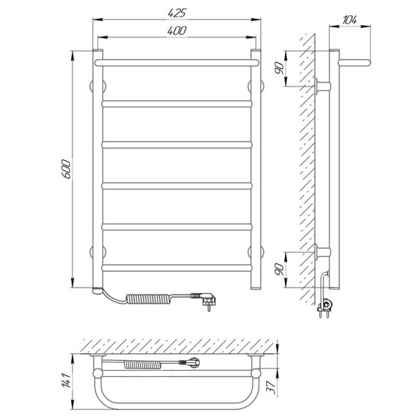Полотенцесушитель с/т Laris Прайм ЧКЧ П6 400/600 левый тэн черный матовый 73207592 RU - фото и схемы подключения