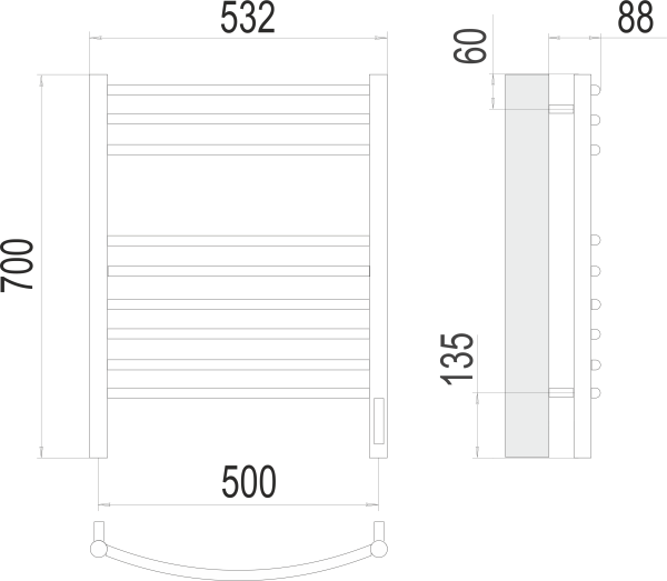 Полотенцесушитель с/т Terminus Электро Классик П9 500х700 (sensor quick touch) - фото и схемы подключения