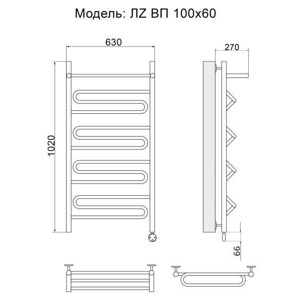 Полотенцесушитель Электрич. Ника ЛZ ВП 100/60 правый тэн - фото и схемы подключения