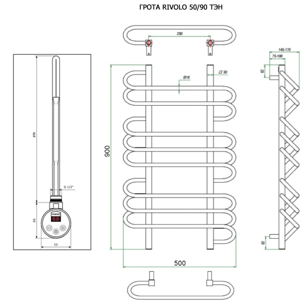 Полотенцесушитель ГРОТА RIVOLO 50/90 ТЭН хром