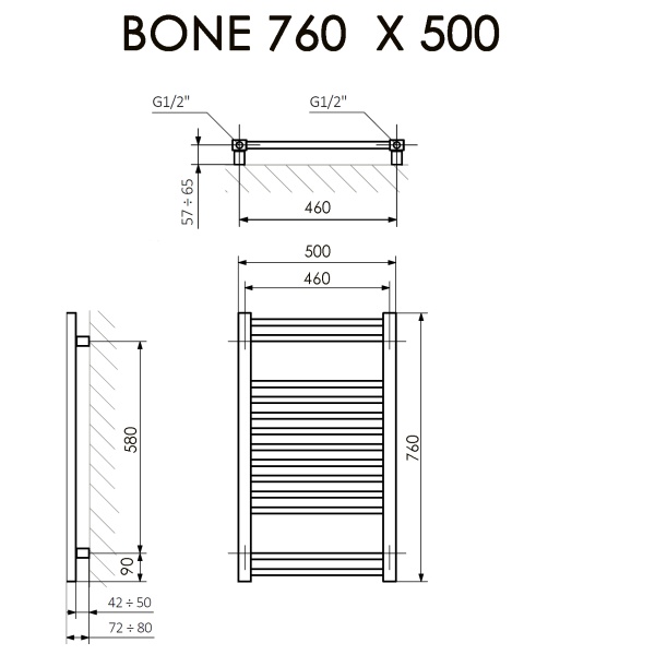 Полотенцесушитель Terma BONE 760/500 RAL 9005 черный матовый - фото и схемы подключения