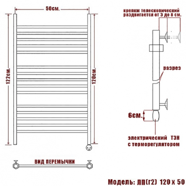 Полотенцесушитель Электрич. Ника ЛП (Г2) 120/50 правый тэн - фото и схемы подключения