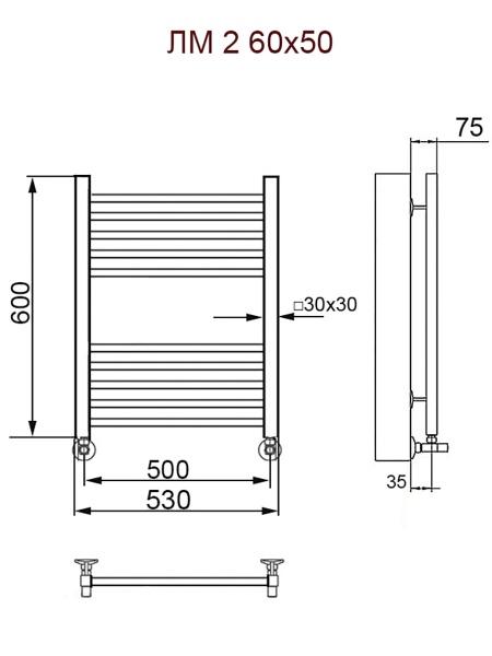 Фото Полотенцесушитель Ника ЛМ-2 60/50 с вентилями (комплект люкс)*