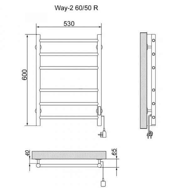 Полотенцесушитель Электрич.кабельный Ника ВЭЙ-2 60/50 RAL9005 черный матовый U - фото и схемы подключения