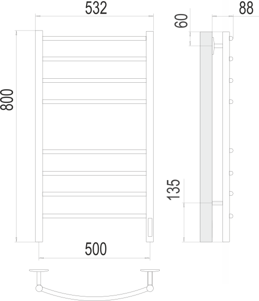 Полотенцесушитель с/т Terminus Электро КС Классик П8 500/800 (4+4)(new встр димм) 9005 черный матов - фото и схемы подключения