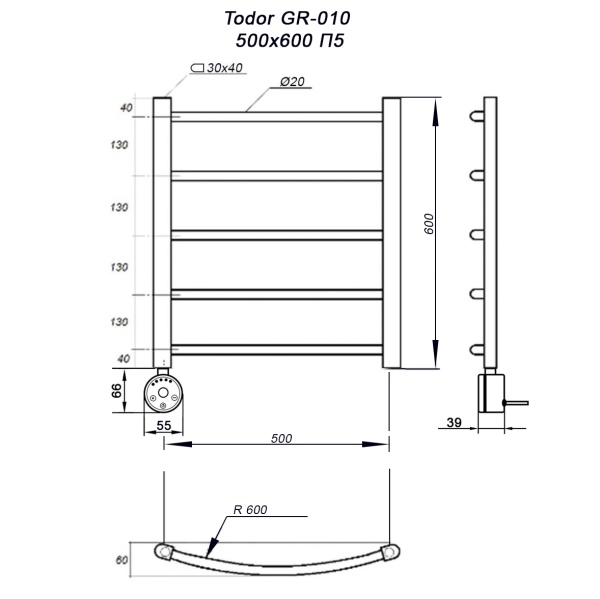 Полотенцесушитель GROIS Todor GR-010 500х600 П5 RAL9003 ЛТЭН белый матовый