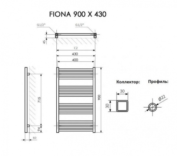 Полотенцесушитель Terma FIONA 900/430 RAL 9016 белый матовый + TERMI-R