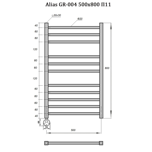 Полотенцесушитель GROIS Alias GR-004 500х800 П11 (3+3+5) RAL9005 ЛТЭН черный матовый