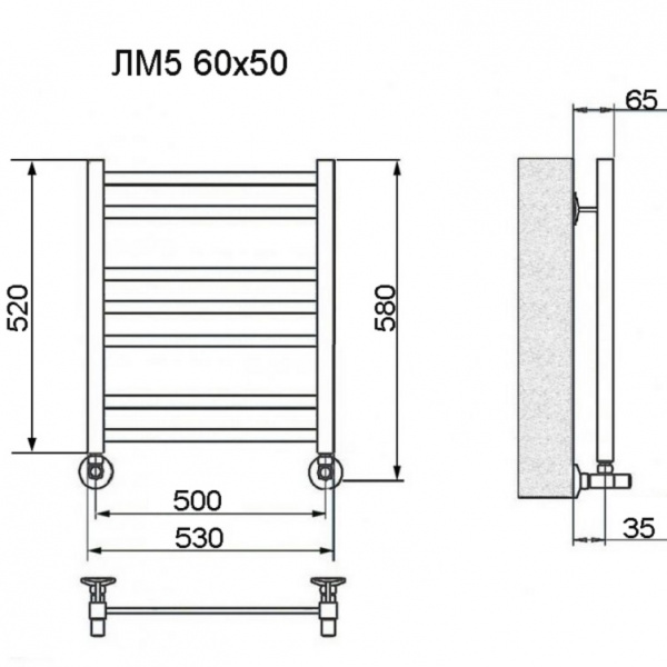 Фото Полотенцесушитель Ника ЛМ-5 60/50 RAL9005 черный матовый с вентилями (комплект люкс)(-)