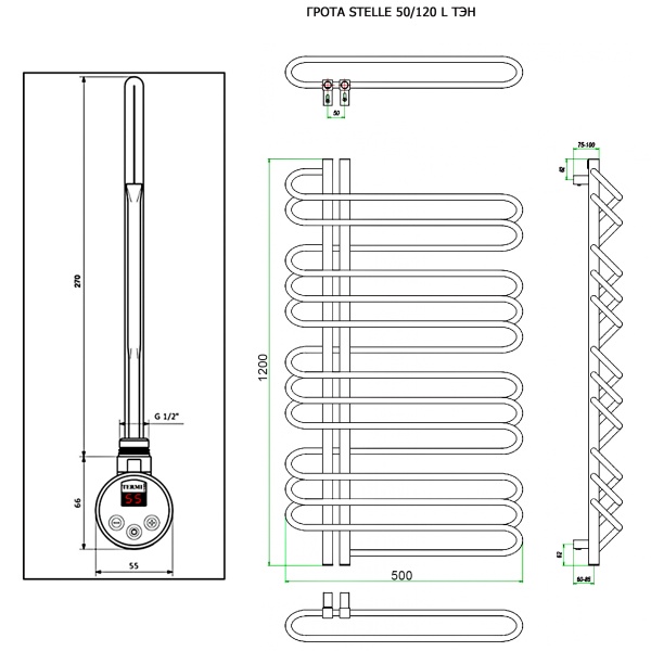 Полотенцесушитель ГРОТА STELLE 50/120 L ТЭН хром