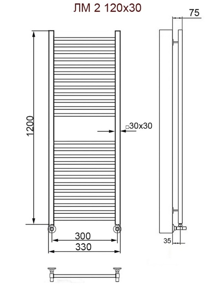 Фото Полотенцесушитель Ника ЛМ-2 120/30 с вентилями (комплект люкс)*