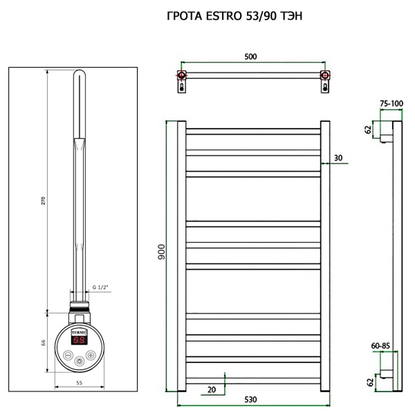 Полотенцесушитель ГРОТА ESTRO 53/90 ТЭН хром