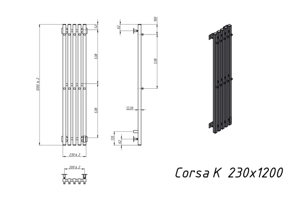 Полотенцесушитель электрический Grota Corsa K 230х1200 хром глянцевый - фото и схемы подключения