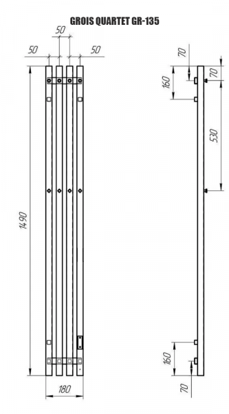 Полотенцесушитель Электрич. с/т GROIS Quartet GR-135 180х1500 П3 RAL 9016 R белый матовый - фото и схемы подключения
