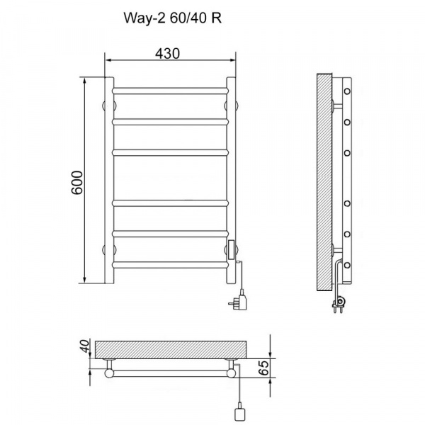 Полотенцесушитель Электрич.кабельный Ника ВЭЙ-2 60/40 RAL9016 белый матовый U - фото и схемы подключения