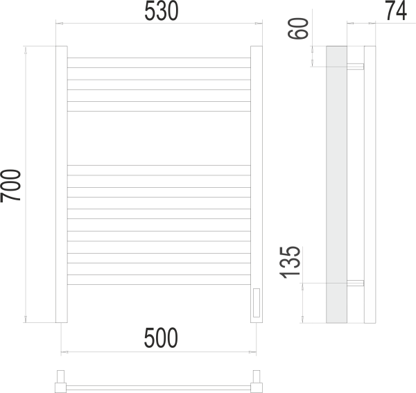 Полотенцесушитель с/т TERMINUS Электро Ното П9 500х700 (sensor quick touch) NEW - фото и схемы подключения