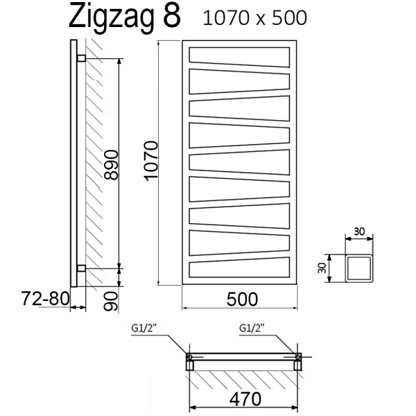 Полотенцесушитель Terma ZIGZAG 1070/500 RAL9005 черный матовый - фото и схемы подключения