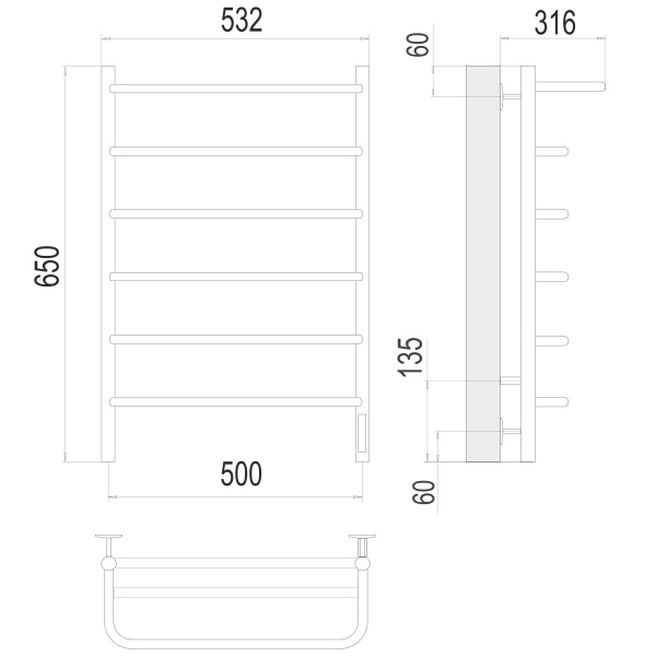 Полотенцесушитель с/т TERMINUS Электро Полка П6 500х650 (quick touch) NEW* - фото и схемы подключения