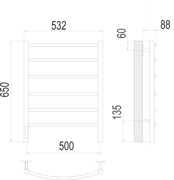 Полотенцесушитель с/т TERMINUS Электро Классик П6 500х650 (quick touch) слева NEW - фото и схемы подключения