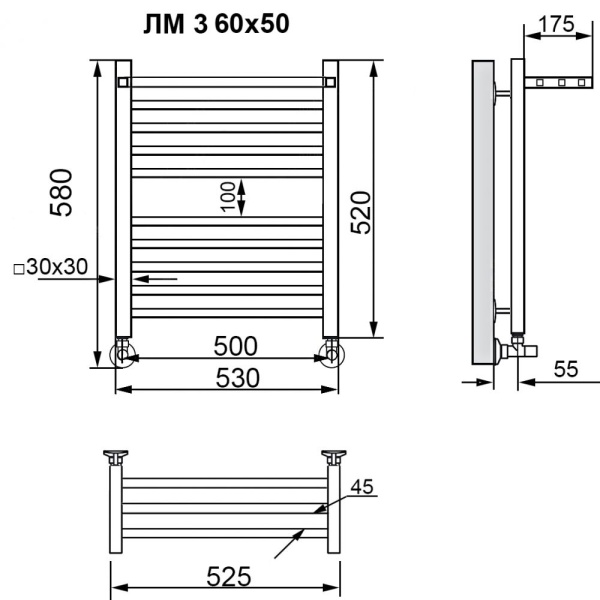 Фото Полотенцесушитель Ника ЛМ-3 60/50 с вентилями (комплект люкс)*