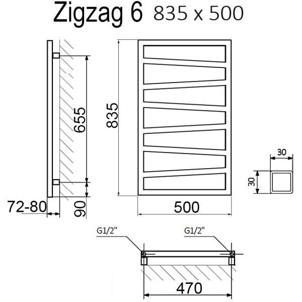 Полотенцесушитель Terma ZIGZAG 835/500 RAL9005 черный матовый - фото и схемы подключения