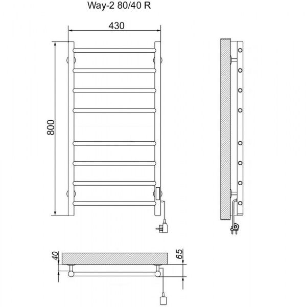 Полотенцесушитель Электрич.кабельный Ника ВЭЙ-2 80/40 с полкой RAL9005 черный матовый U - фото и схемы подключения