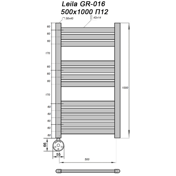 Полотенцесушитель GROIS Leila GR-016 500х1000 П12 (3+4+5) RAL9005 ЛТЭН черный матовый