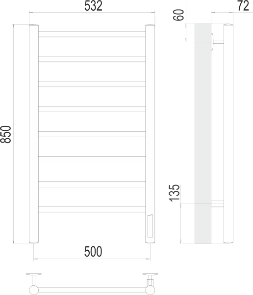 Полотенцесушитель с/т TERMINUS Электро Аврора П8 500х850 (quick touch) NEW - фото и схемы подключения