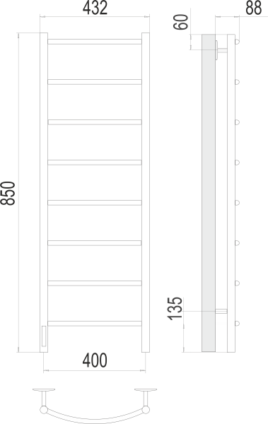 Полотенцесушитель с/т TERMINUS Электро Классик П8 400х850 (quick touch) слева NEW* - фото и схемы подключения